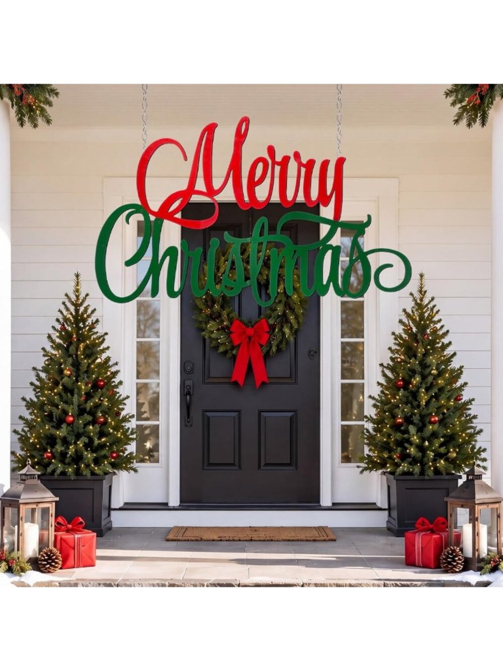 35 Inch Festive Red Green Merry Christmas Metal Wall Art for Outdoor Decor